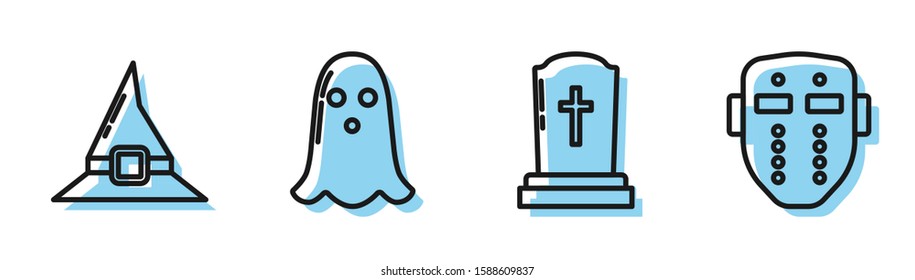 Set line Tombstone with cross , Witch hat , Ghost  and Hockey mask  icon. Vector