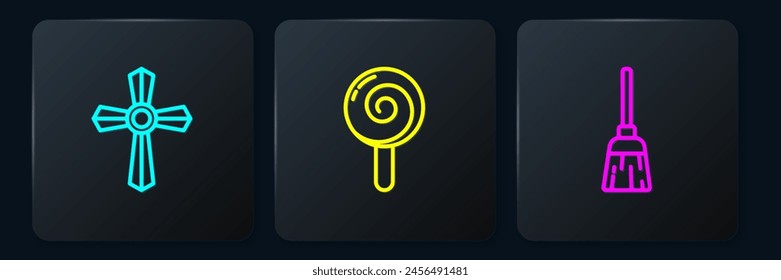 Set line Tombstone with cross, Witches broom and Lollipop. Black square button. Vector