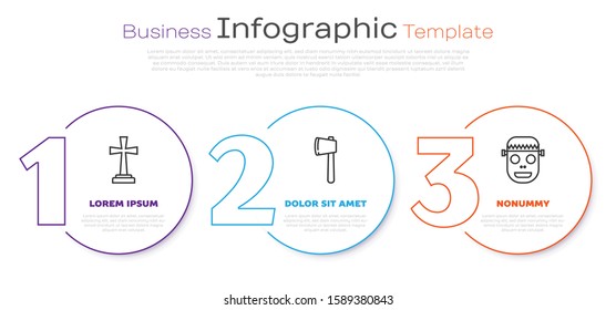 Set line Tombstone with cross , Wooden axe  and Zombie mask . Business infographic template. Vector