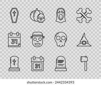 Set line Tombstone with cross, Wooden axe, Funny and scary ghost mask for Halloween, Calendar date 31 october, Coffin christian, Zombie, RIP and Witch hat icon. Vector