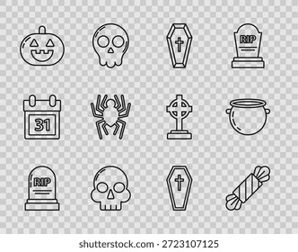 Fije la línea de la lápida con RIP, caramelo, cruz cristiana del ataúd, cráneo, calabaza, araña, y el icono del caldero de la bruja de Halloween. Vector