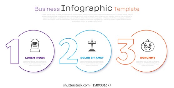 Set line Tombstone with RIP, Tombstone with cross  and Pumpkin . Business infographic template. Vector