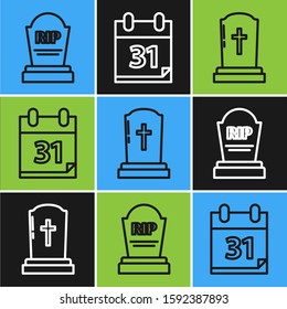 Set line Tombstone with RIP, Tombstone with cross  and Calendar with Halloween date 31 october icon. Vector