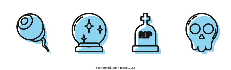 Set line Tombstone with RIP, Eye , Magic ball  and Skull  icon. Vector