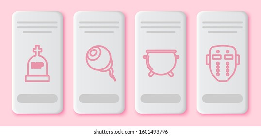 Set line Tombstone with RIP, Eye , Halloween witch cauldron  and Hockey mask . White rectangle button. Vector