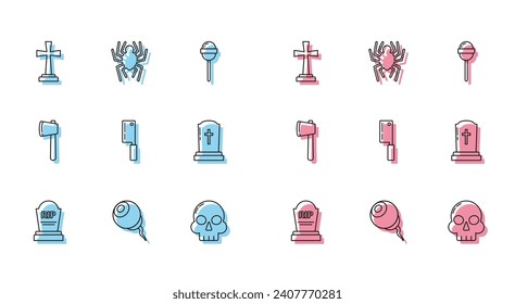 Set line Tombstone with RIP, Eye, cross, Skull, Meat chopper, Wooden axe and Spider icon. Vector