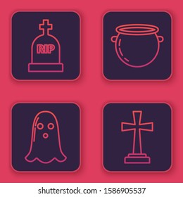 Set line Tombstone with RIP, Ghost , Halloween witch cauldron  and Tombstone with cross . Blue square button. Vector