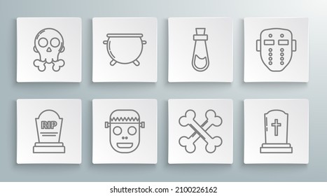 Set line Tombstone with RIP, Halloween witch cauldron, Zombie mask, Crossed bones, cross, Bottle potion, Hockey and Skull crossbones icon. Vector