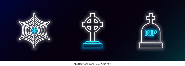 Set line Tombstone with RIP, Spider web and cross icon. Glowing neon. Vector