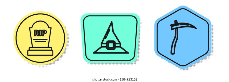 Set line Tombstone with RIP, Witch hat  and Scythe . Colored shapes. Vector