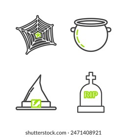 Set line Tombstone with RIP, Witch hat, Halloween witch cauldron and Spider web icon. Vector