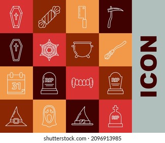 Set line Tombstone with RIP, Witches broom, Meat chopper, Spider web, Coffin christian cross,  and Halloween witch cauldron icon. Vector