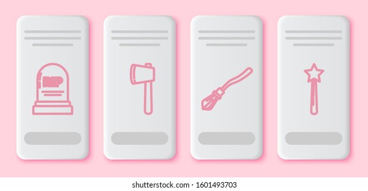 Set line Tombstone with RIP, Wooden axe , Witches broom  and Magic wand . White rectangle button. Vector