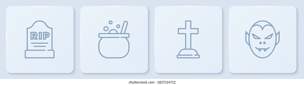 Set line Tombstone with RIP written, cross, Halloween witch cauldron and Vampire. White square button. Vector