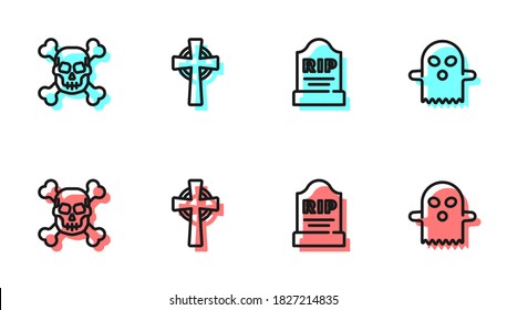 Set line Tombstone with RIP written, Skull crossbones,  and Ghost icon. Vector