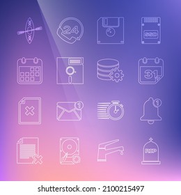 Set line Tombstone with RIP written, Bell, Calendar, Floppy disk, in the 5.25-inch, Kayak and paddle and Setting database server icon. Vector