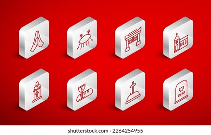 Set line Tombstone with RIP written, Pastafarianism, Japan Gate, Church building, cross, Hands praying position, First communion symbols and pastor preaching icon. Vector