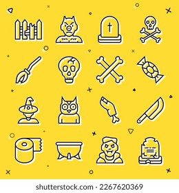 Set line Tombstone with RIP written, Knife, Candy, Skull, Witches broom, Garden fence wooden and Crossed bones icon. Vector