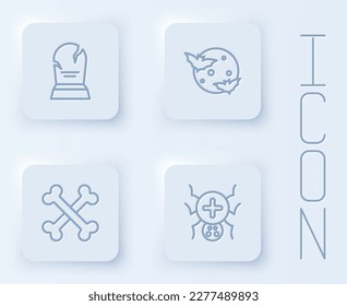 Set line Tombstone with RIP written, Moon and stars, Crossed bones and Spider. White square button. Vector