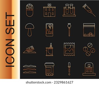 Fijar la línea Tombstone con RIP escrito, Medicine pill o tablet, Plastic bag of drug, Test tube and flask, Buying drug online phone, Psilocybin mushroom y Opium poppy icon. Vector