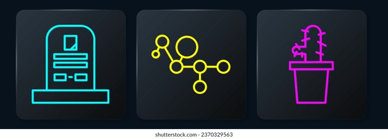 Set line Tombstone with RIP written, Cactus peyote in pot and Cannabis molecule. Black square button. Vector