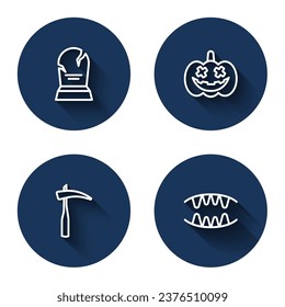 Set line Tombstone with RIP written, Pumpkin, Scythe and Vampire teeth with long shadow. Blue circle button. Vector