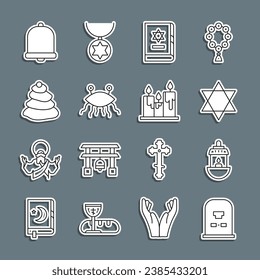 Set line Tombstone with RIP written, Ramadan Kareem lantern, Star of David, Jewish torah book, Pastafarianism, Stack hot stones, Church bell and Burning candles icon. Vector