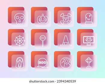 Set line Tombstone with RIP written, Boo speech bubble, Witch hat, Eye, Lollipop, Skull crossbones,  and Pumpkin icon. Vector