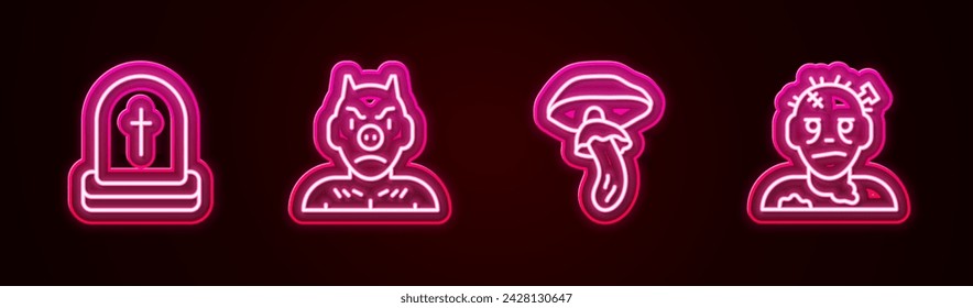 Set line Lápida con RIP escrito, Krampus, heck, seta Psilocibina y máscara Zombie. Icono de neón brillante. Vector