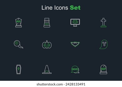 Set line Tombstone with RIP written, Boo speech bubble, Witch hat, Coffin christian cross, Ghost, Flying bat, Pumpkin and Eye icon. Vector