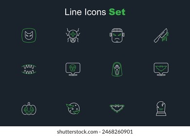 Lápida con RIP escrito, murciélago volador, luna y estrellas, calabaza, máscara de fantasma de miedo divertido, calavera y el icono de los dientes de vampiro. Vector