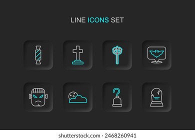 Set line Tombstone with RIP written, Pirate hook, Moon and stars, Frankenstein face, Flying bat, Trident devil, cross and Candy icon. Vector