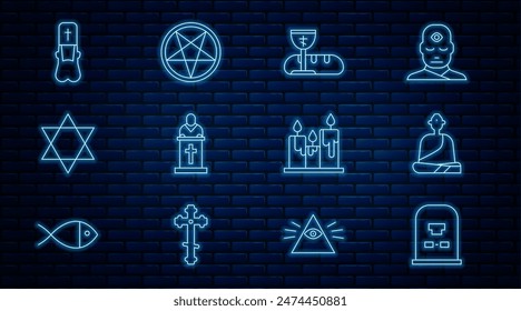 Set line Tombstone with RIP written, Buddhist monk, First communion symbols, Church pastor preaching, Star of David, Priest, Burning candles and Pentagram circle icon. Vector