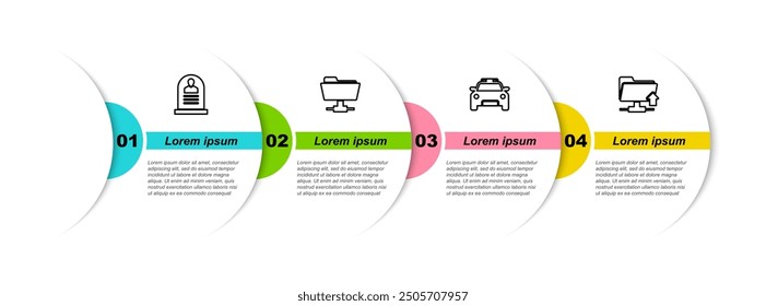 Set line Tombstone with RIP written, FTP folder, Police car and flasher and upload. Business infographic template. Vector