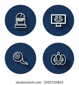 Set line Tombstone with RIP written, Happy Halloween holiday, Eye and Pumpkin with long shadow. Blue circle button. Vector