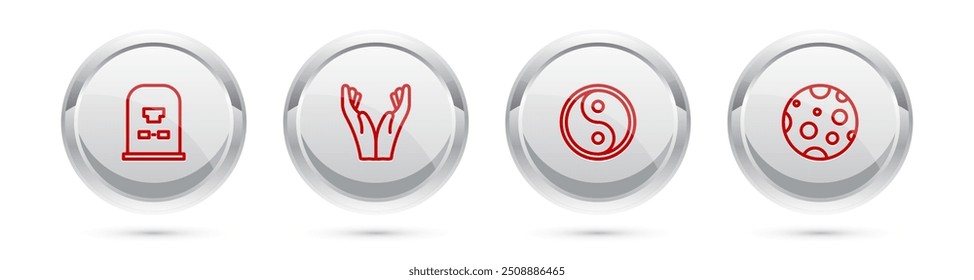 Set line Tombstone with RIP written, Hands in praying position, Yin Yang and Moon. Silver circle button. Vector