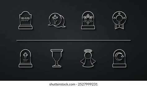 Set Linie Tombstone mit RIP geschrieben, Grab Grabstein, Gedenkkranz, Engel, christlicher Kelch, Kreuz, muslimischen Friedhof und Stern von David Ikone. Vektorgrafik