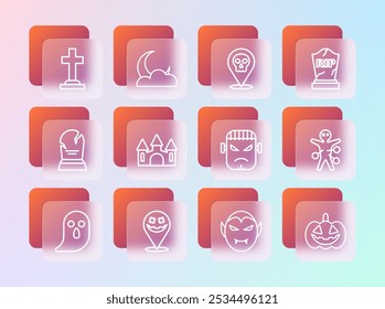 Set line Tombstone with RIP written, Happy Halloween holiday, Frankenstein face, Vampire, Castle, Skull, cross and Moon and stars icon. Vector