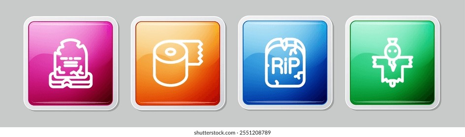 Set line Tombstone with RIP written, Toilet paper roll,  and Scarecrow. Colorful square button. Vector