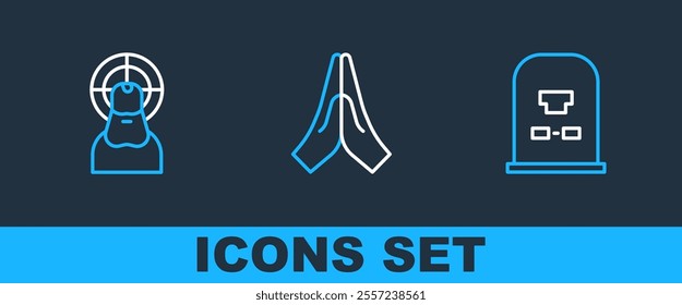 Set line Tombstone with RIP written, Jesus Christ and Hands in praying position icon. Vector