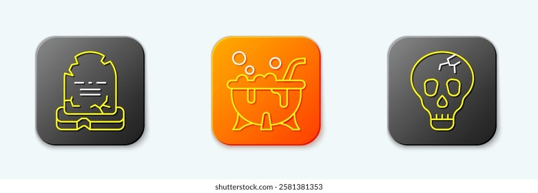 Set line Tombstone with RIP written, Halloween witch cauldron and Skull icon. Vector