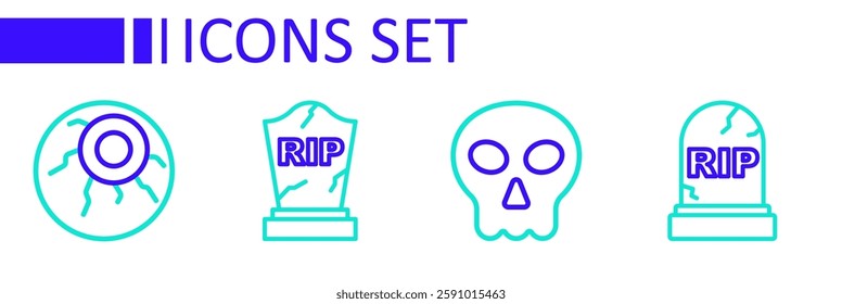 Set line Tombstone with RIP written, Skull,  and Eye icon. Vector