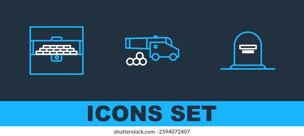 Set line Tombstone with RIP written, Antique treasure chest and Cannon cannonballs icon. Vector