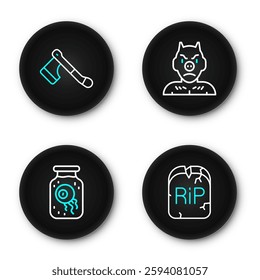 Set line Tombstone with RIP written, Eye in a jar, Krampus, heck and Wooden axe icon. Vector