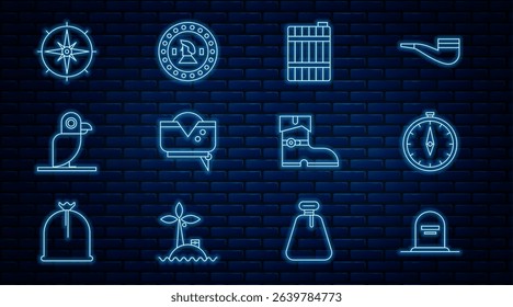 Set line Tombstone with RIP written, Compass, Wooden barrel, Pirate hat, parrot, Wind rose, Leather pirate boots and coin icon. Vector