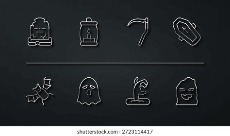 Set Linie Tombstone mit RIP geschrieben, Fliegender Schläger, Sarg Kreuz, Zombie Hand, Geist, Camping Laterne, Lustige gruselige Geistermaske und Scythe Ikone. Vektorgrafik