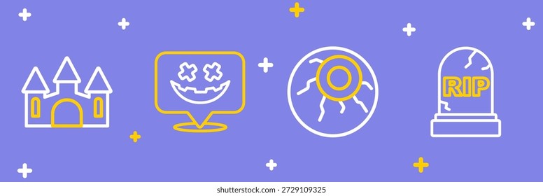 Set Linie Tombstone mit RIP geschrieben, Auge, Happy Halloween Urlaub und Schloss-Symbol. Vektorgrafik