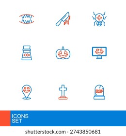 Set line Tombstone with RIP written, cross, Happy Halloween holiday, Bottle potion, Pumpkin, Spider and Bloody knife icon. Vector