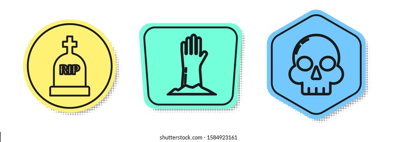 Set line Tombstone with RIP, Zombie hand  and Skull . Colored shapes. Vector