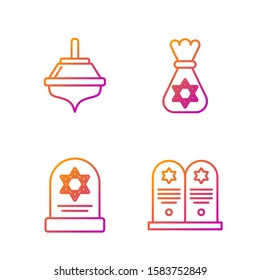 Set line Tombstone with star of david, Tombstone with star of david, Hanukkah dreidel and Jewish money bag with star of david. Gradient color icons. Vector